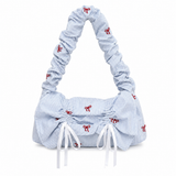 Striped Bow Embroidered Ruched Shoulder Bag