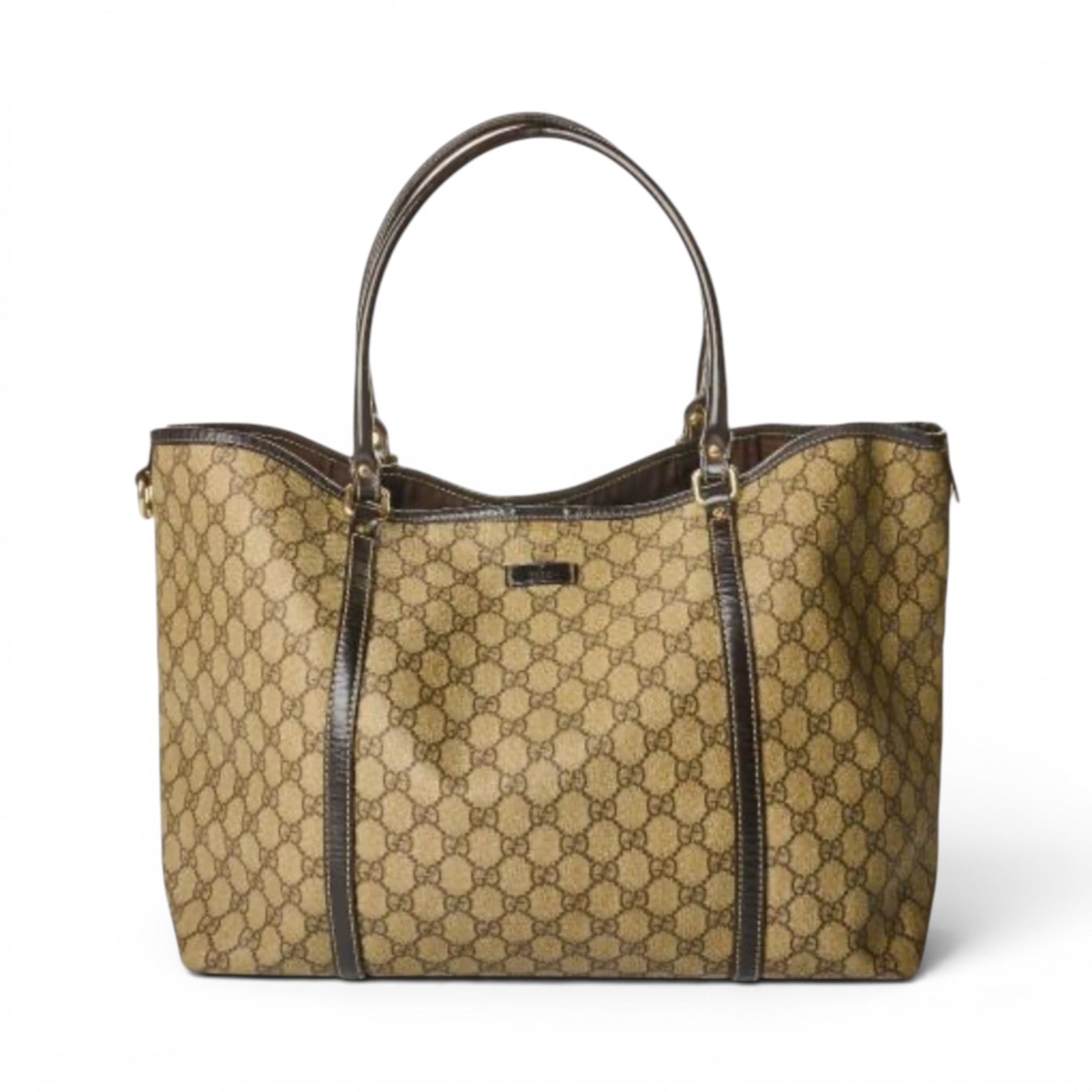 Designer handbag with a distinctive pattern on a white background