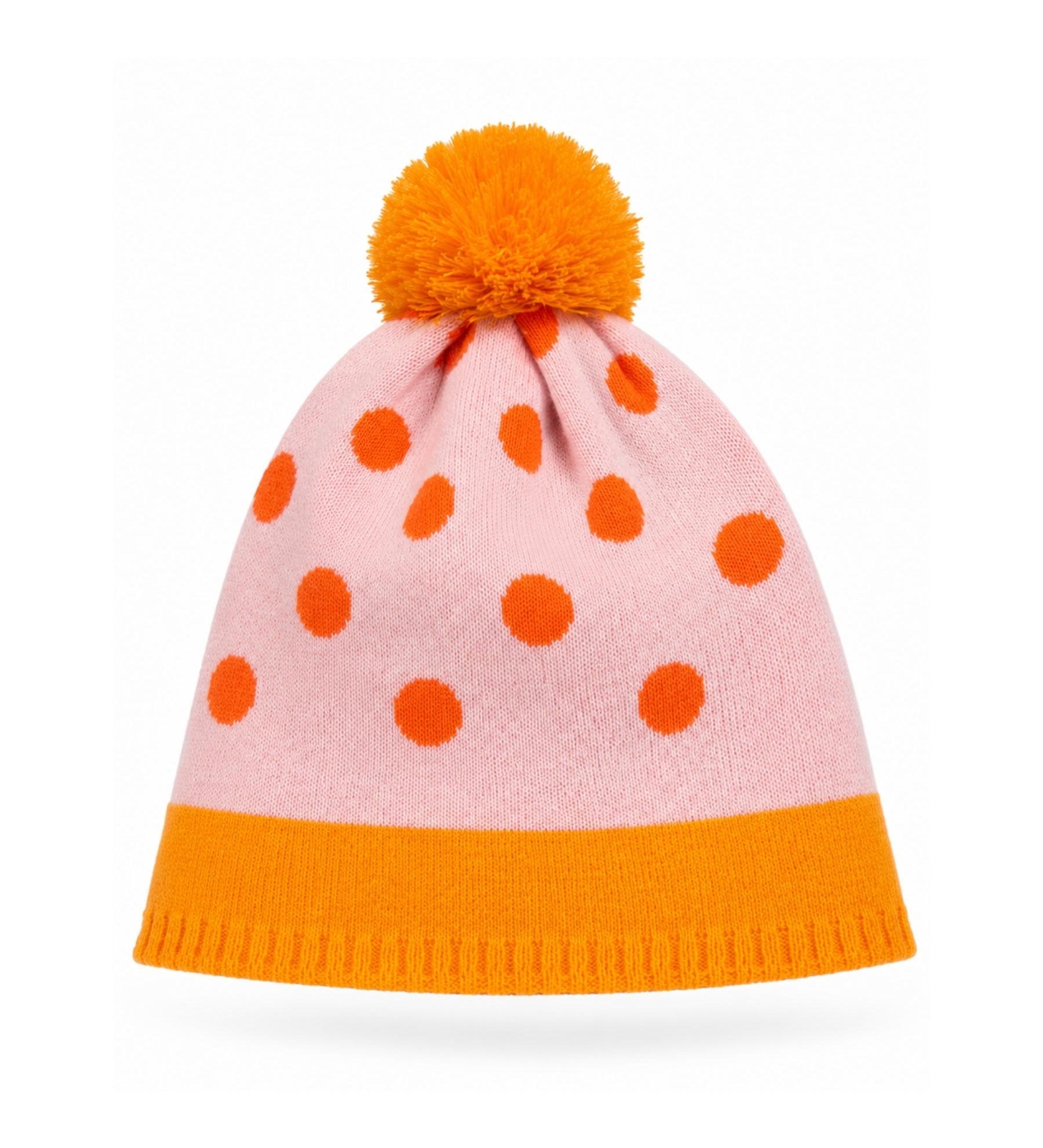 Pink beanie with orange polka dots and pom-pom on a white background