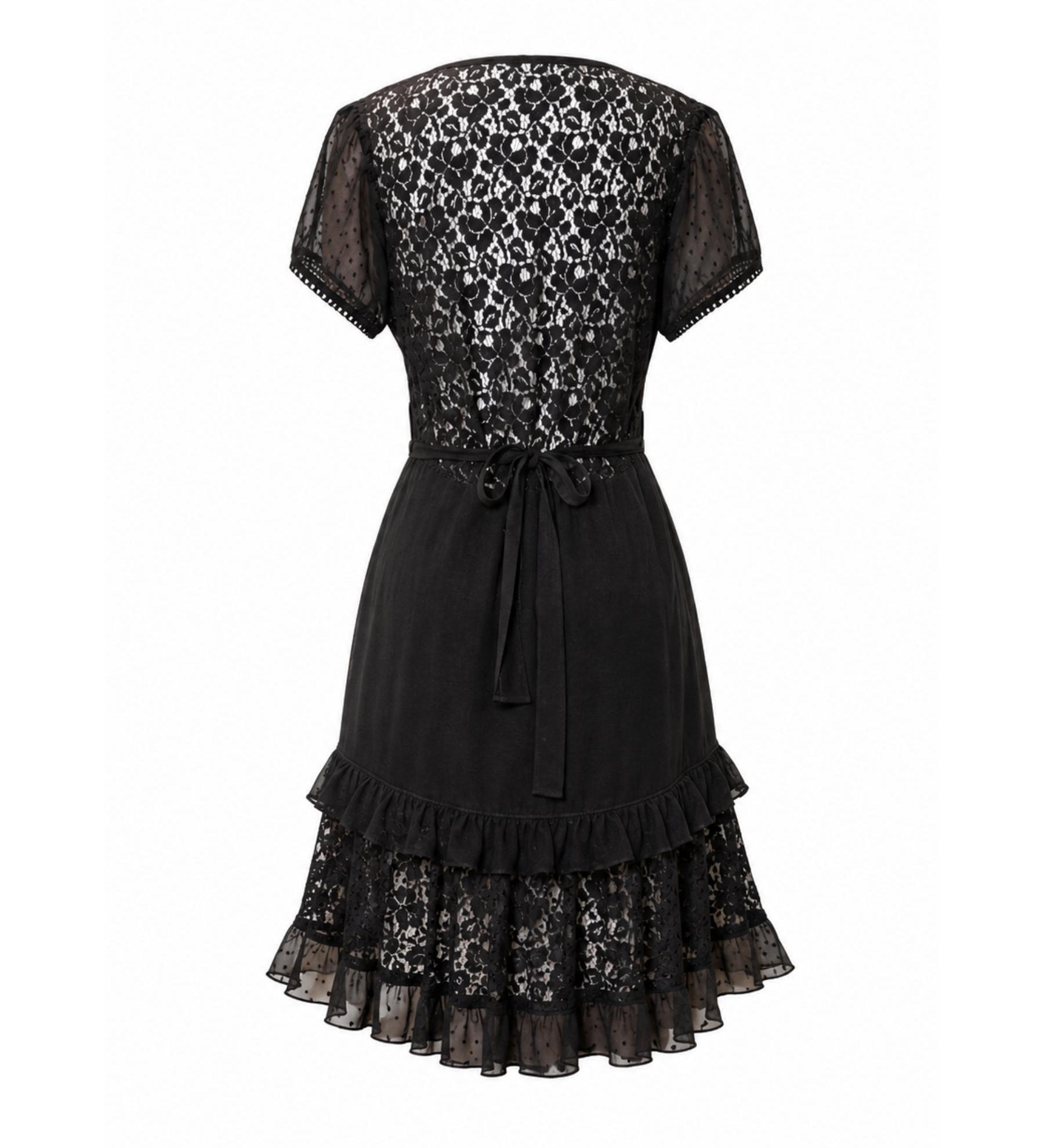 WORLD Black Sheer Lace Back Ruffle Dress
