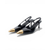 Black Slingback Heels with Gold Toe Detail