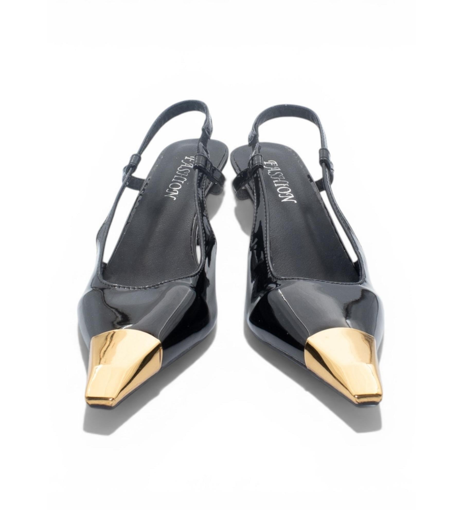 Black Slingback Heels with Gold Toe Detail
