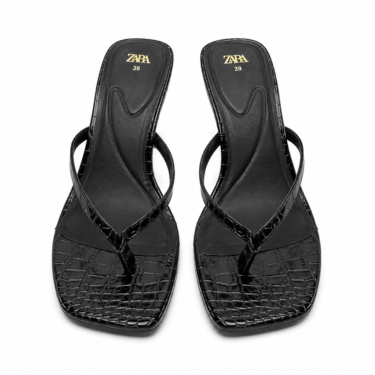 Zara Black Croc-Embossed Heeled Thong Sandals