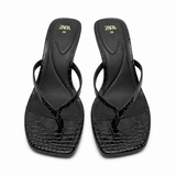 Zara Black Croc-Embossed Heeled Thong Sandals