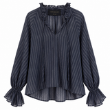 Karen Walker Navy Pinstripe Ruffle Blouse – Size 8