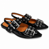 Black Patent Buckle Slingback Flats - Size 39