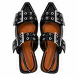 Black Patent Buckle Slingback Flats - Size 39
