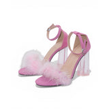 Pink Feather Strap Heels with Clear Block Heel