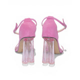 Pink Feather Strap Heels with Clear Block Heel