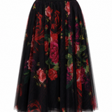 Black tulle skirt with colorful floral pattern on a white background