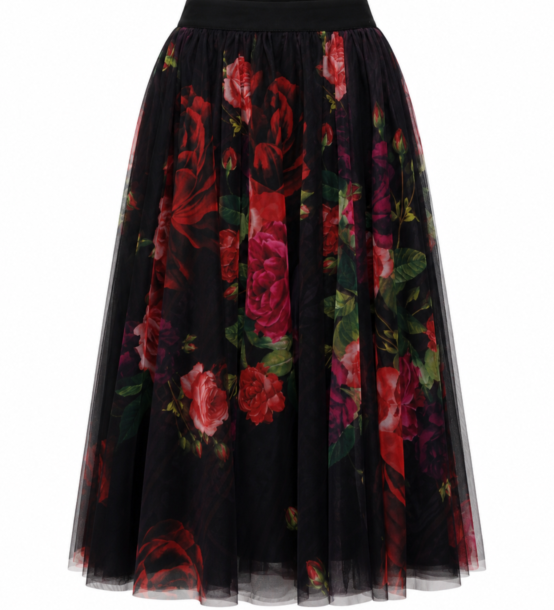Black tulle skirt with colorful floral pattern on a white background