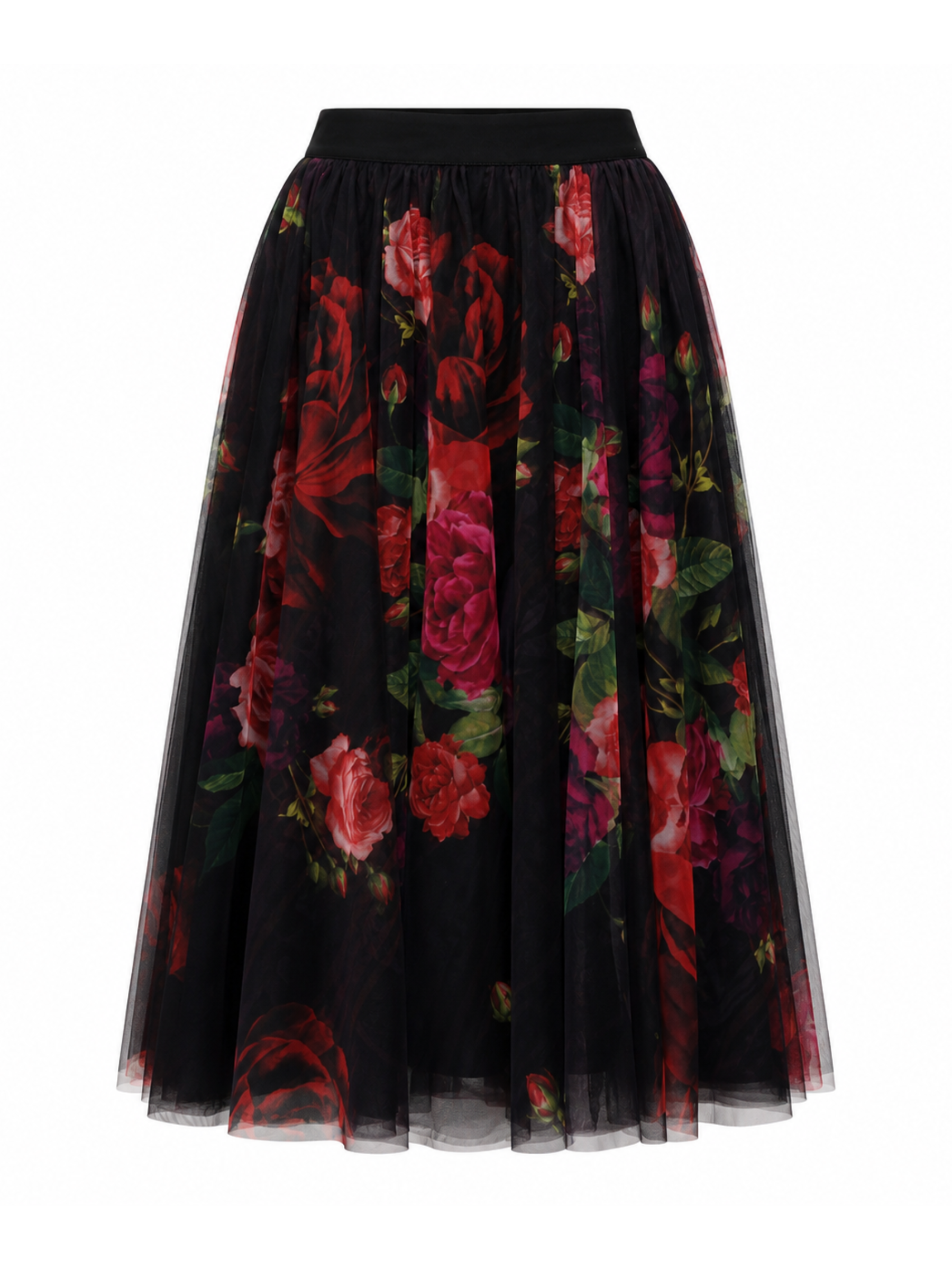 Black tulle skirt with colorful floral pattern on a white background