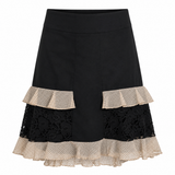 Black skirt with lace and ruffle details on a white background
