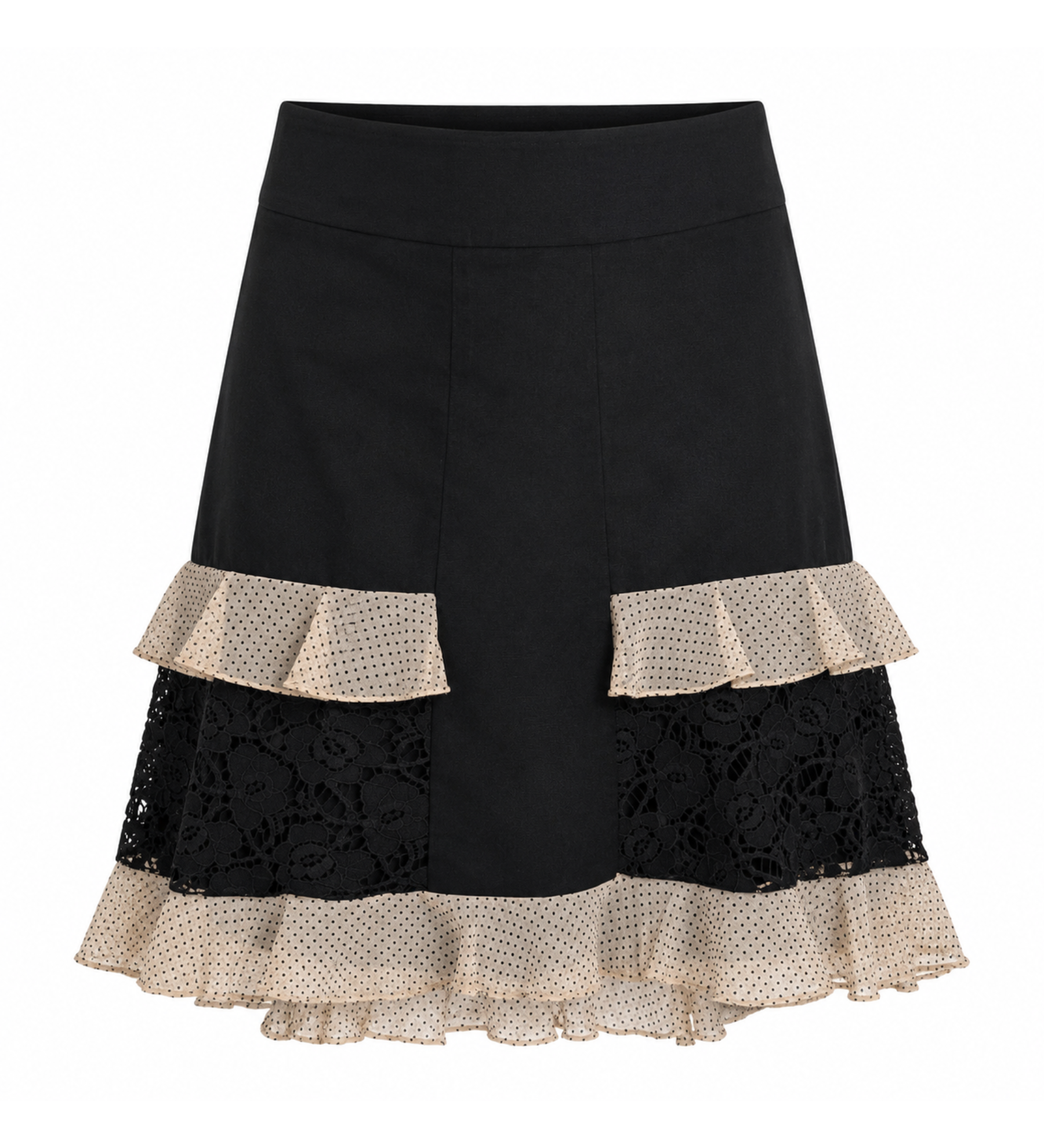 Black skirt with lace and ruffle details on a white background