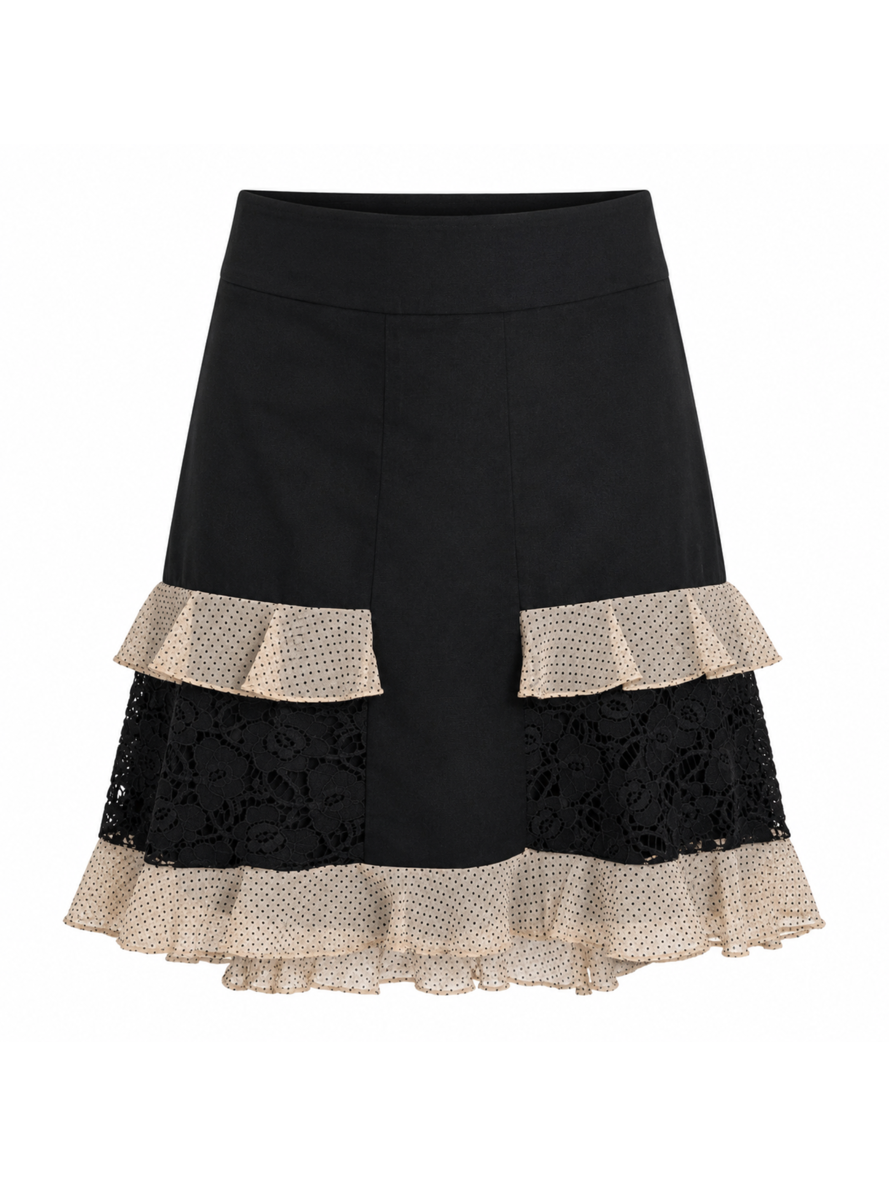 Black skirt with lace and ruffle details on a white background