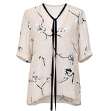 Kate Sylvester Floral Blouse with Black Tie Neck