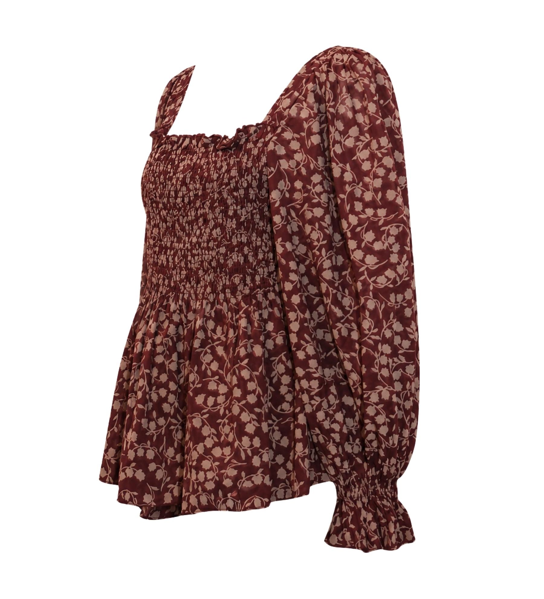 Karen Walker Smocked Organic Cotton Top – Burgundy Floral